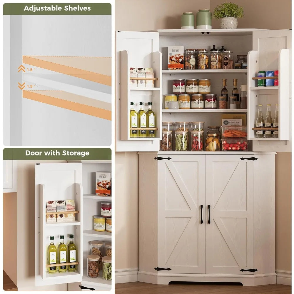 Corner Cabinet, 72" Kitchen Pantry Cabinet, 6-Tier Freestanding Farmhouse Pantry with 4 Adjustable Shelves, 240°Swivel Doors, 2