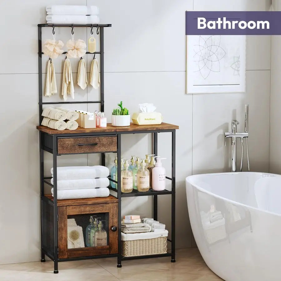 Coffee Bar With Hanging Rack Farmhouse Kitchen Buffet Cabinet Drawers