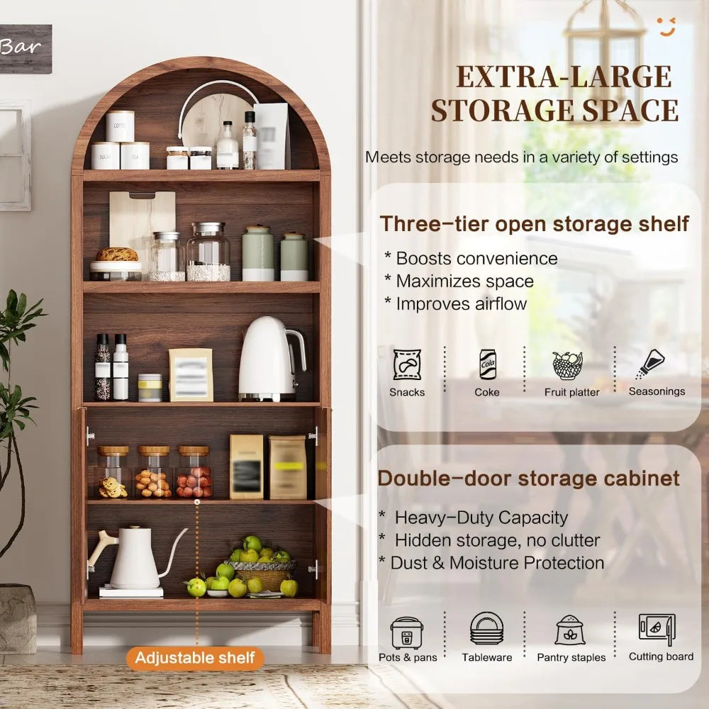 71" Tall Arched Kitchen Pantry,Modern Fluted Wood Storage Cabinet with Doors,Adjustable Shelves,Organizer, Versatile Cupboard fo
