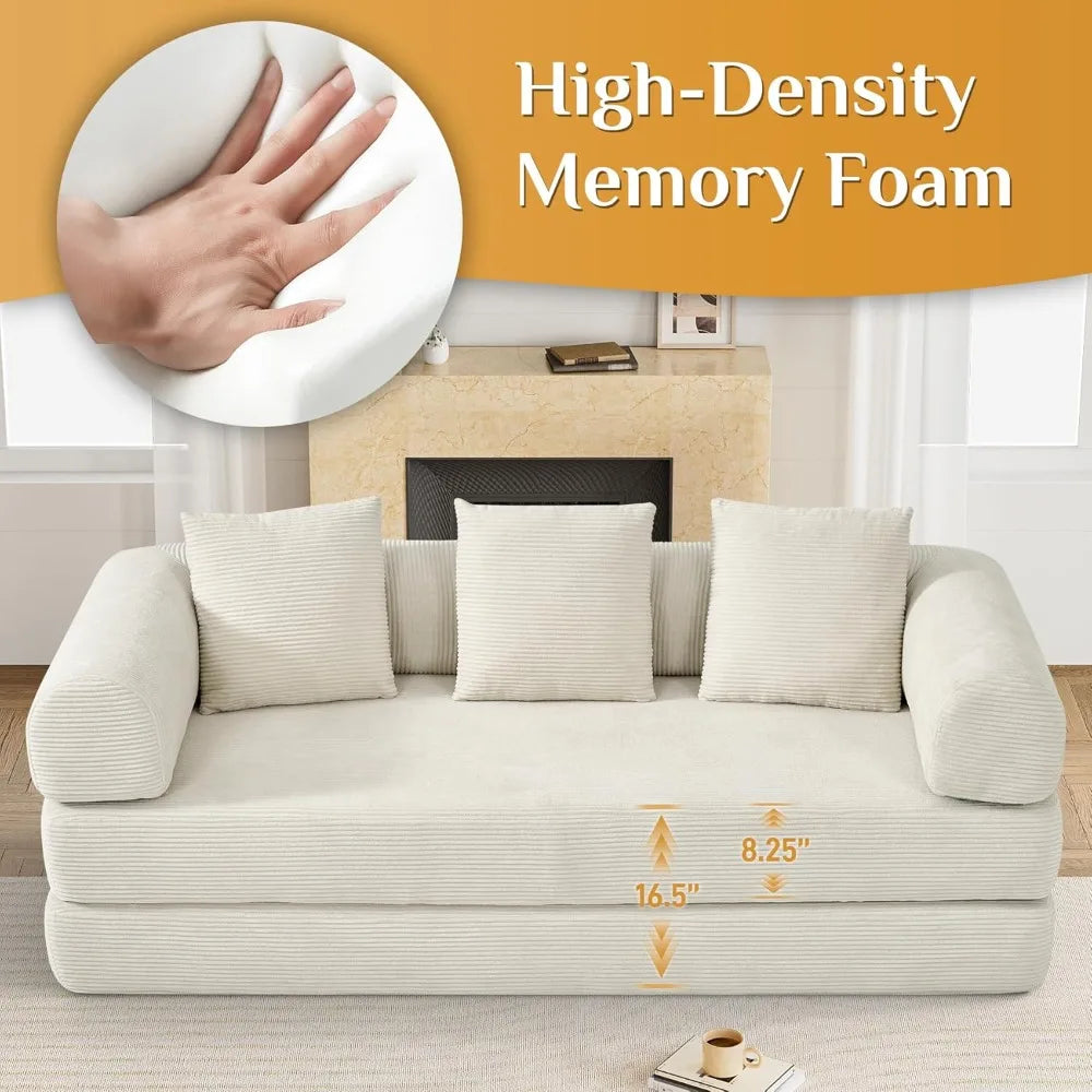Convertible Sleeper Sofa Bed with Pillow, 4-in-1 Corduroy Folding Mattress Couch with Fixed-Shape Frame, Fold Out Floor Sofa Cam