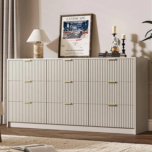 9 Drawer Fluted Dresser With Gold Metal Handles Modern Minimalist