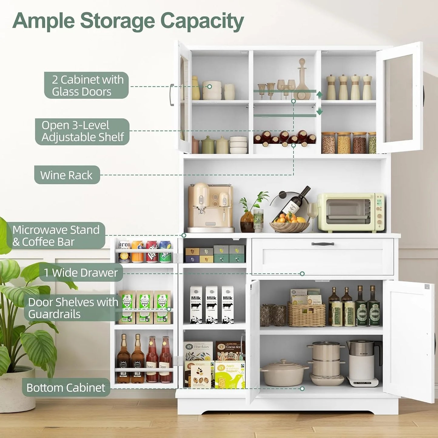 Pantry Storage Cabinet, standing Buffet Cabinet  Microwave Stand & 4 Door She,  Hutch