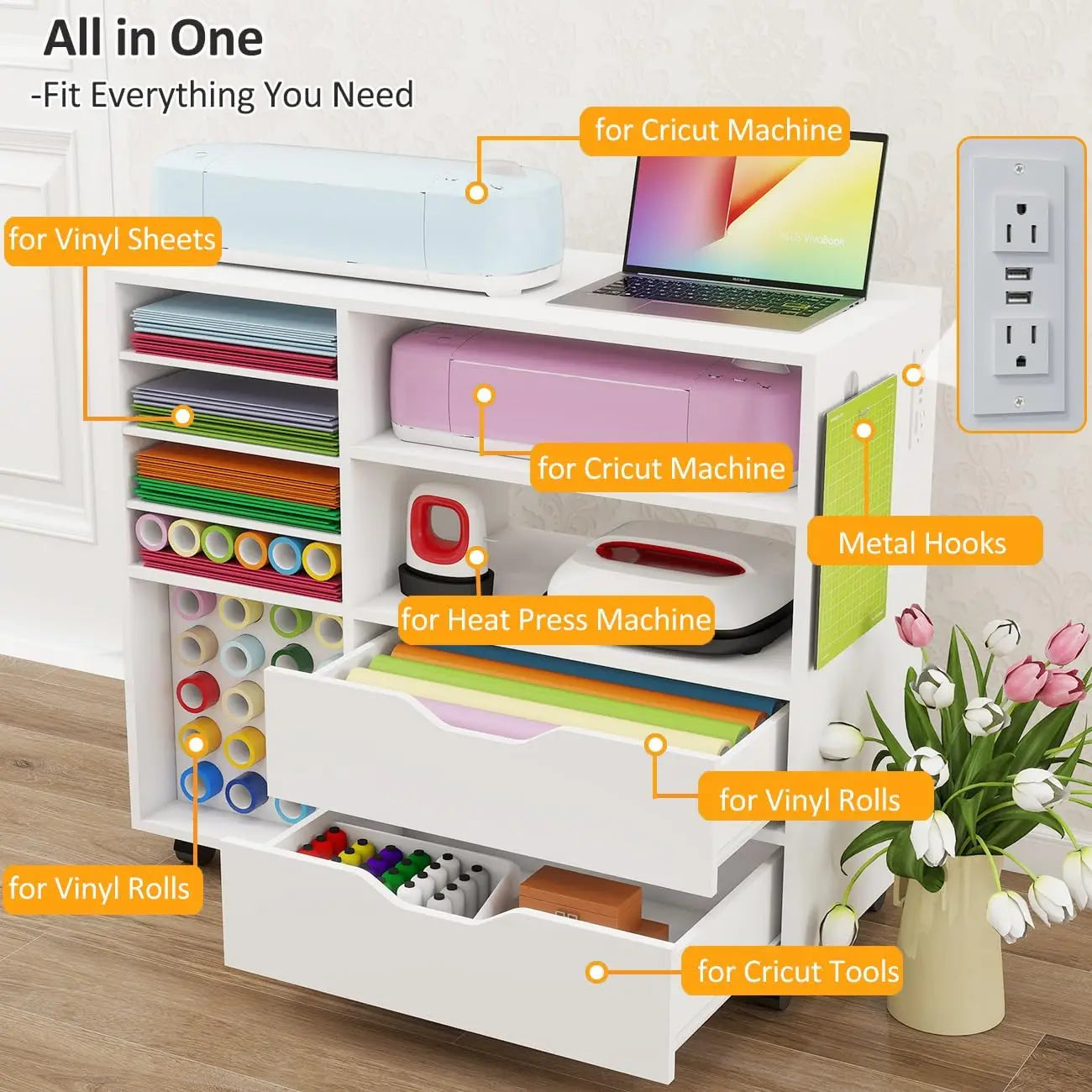 Craft Organization& Storage Cart Compatible with Cricut Machines, Rolling Craft Table Organizer with Charge Station Vinyl Roll