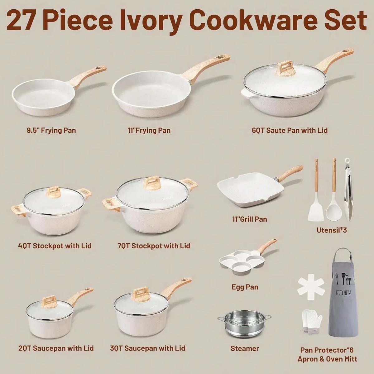 Premium Ceramic Nonstick Cookware Set With Silicone Tools And Accessories