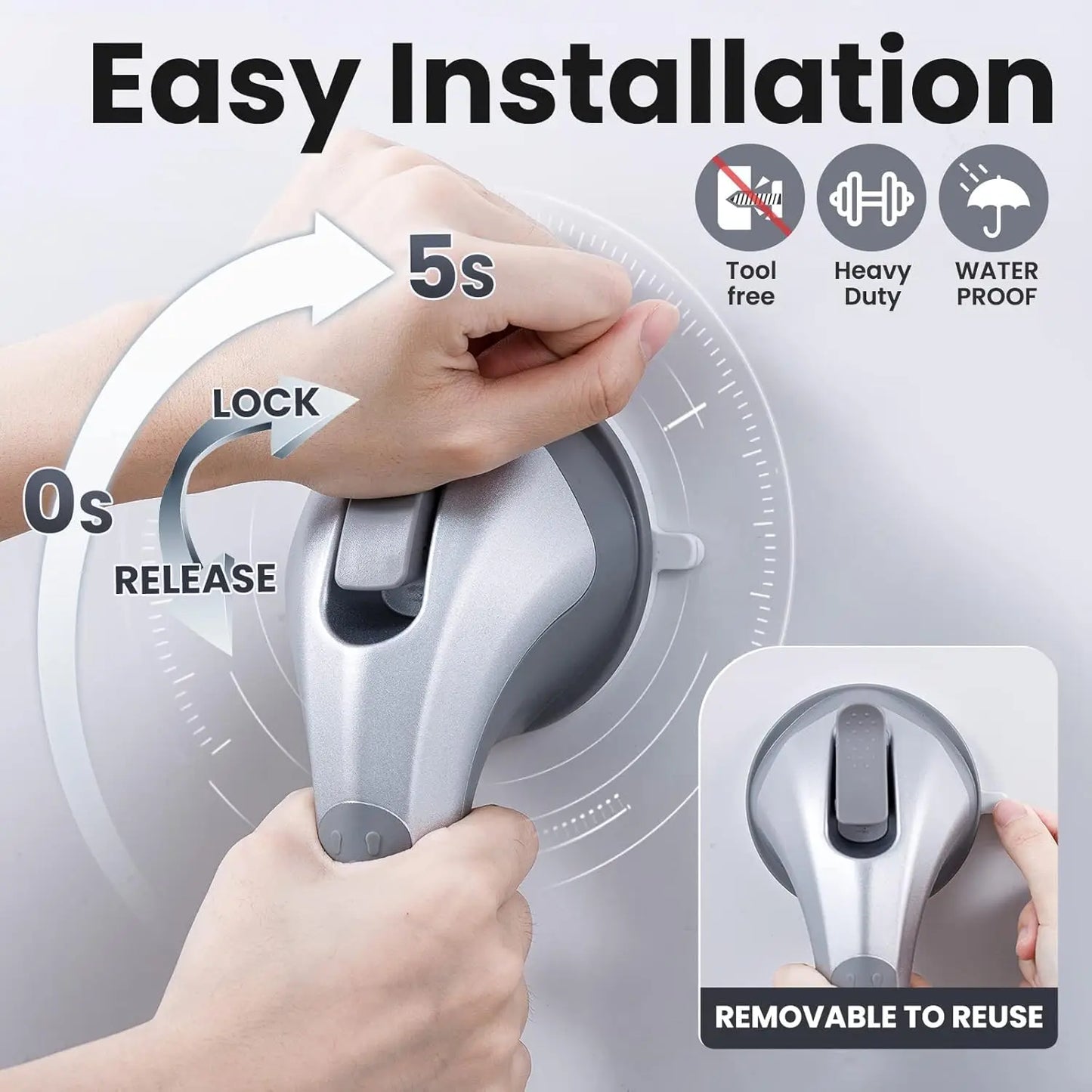 2 Pack Suction Shower Grab Bars For Seniors Waterproof Easy Install No Drill