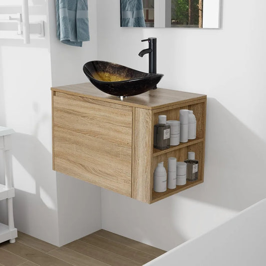 30-inch Natural Color Wall Mounted Bathroom Vanity with Hidden Drawer and Gold Boat Vessel Sink Top