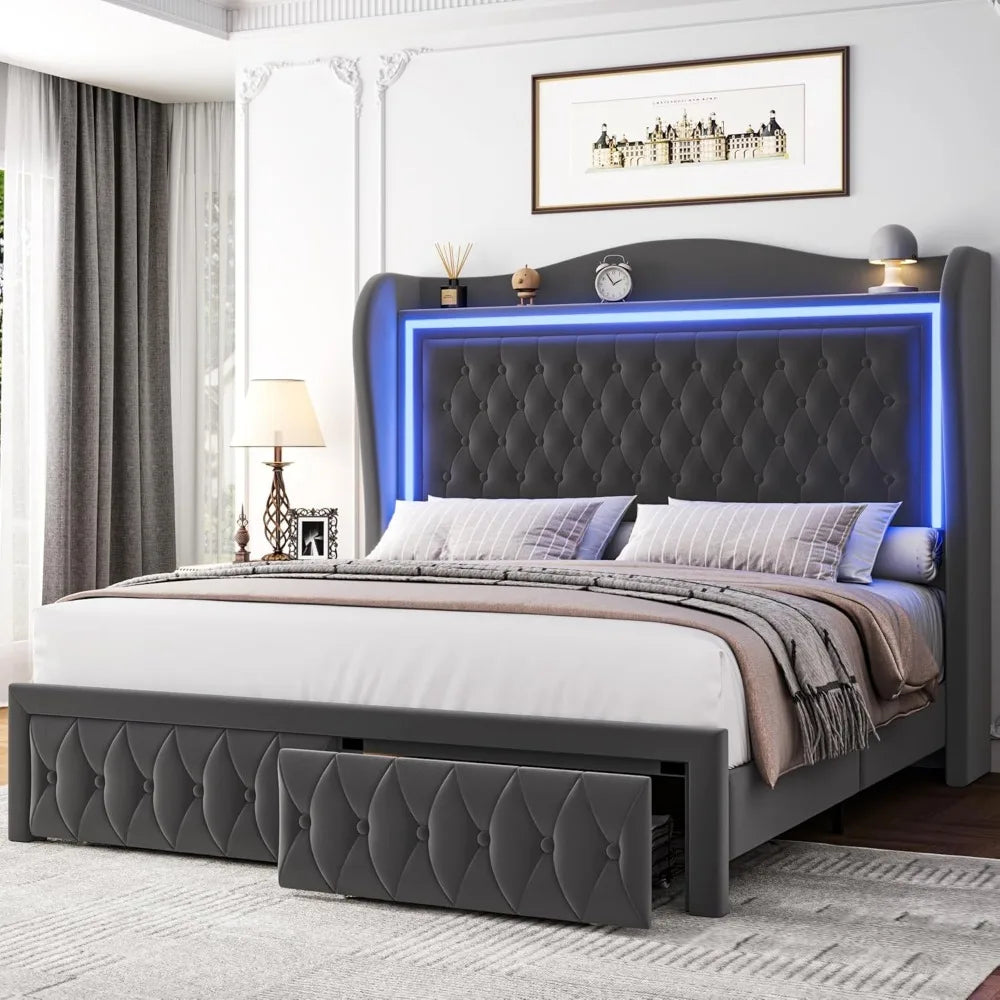 Queen Bed Frame 55" Tall Headboard with LED Lights, Buttons Tufted Velvet Upholstered Platform Bed Frame with 2 Storage Drawers,