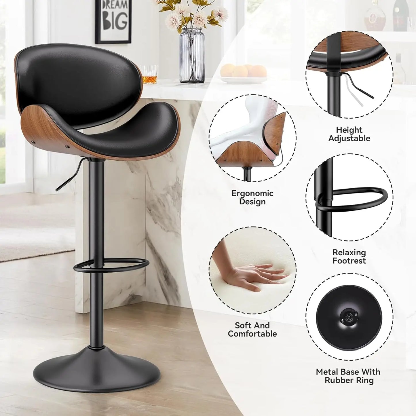 Swivel Bar Stools 2 Adjustable Bentwood PU Leather Back Footrest