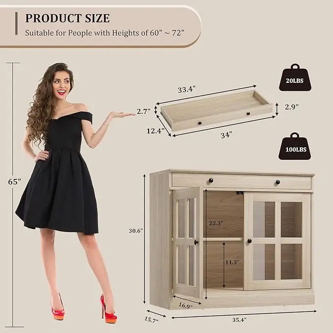 HiMISS Oak Sideboard Buffet Cabinet With Glass Door And Drawer