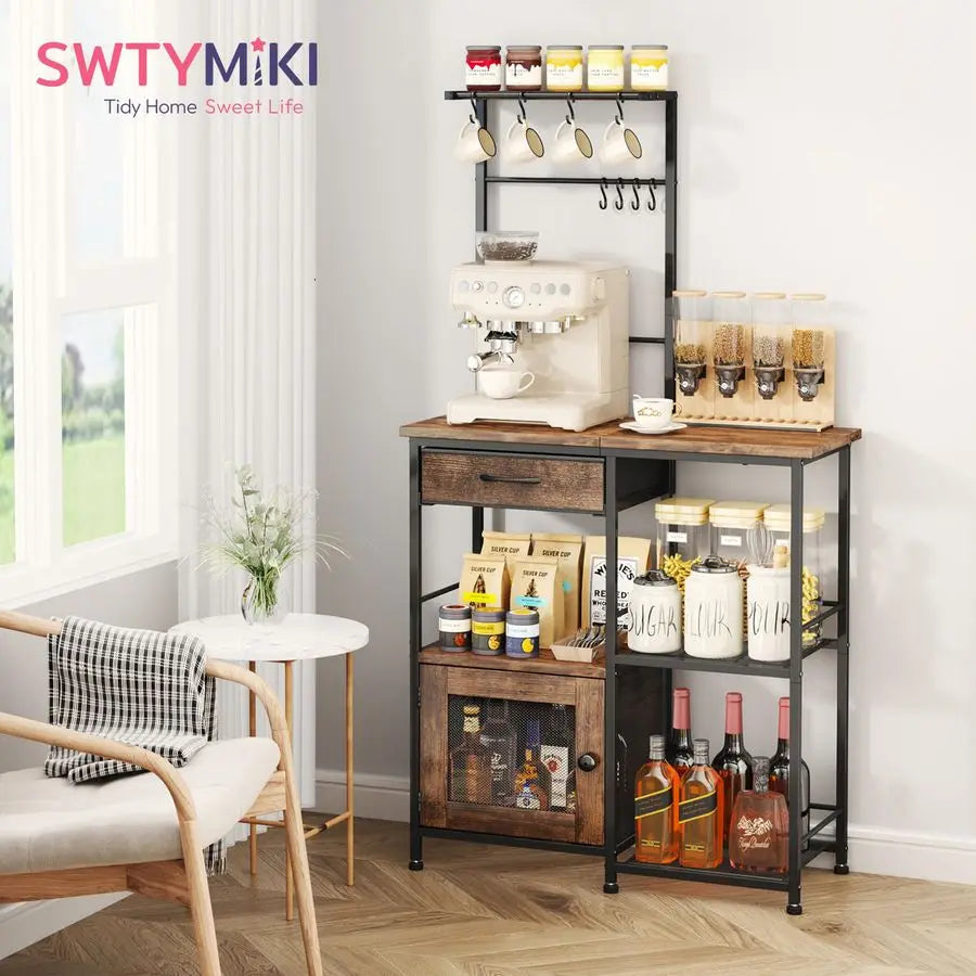 Coffee Bar With Hanging Rack Farmhouse Kitchen Buffet Cabinet Drawers