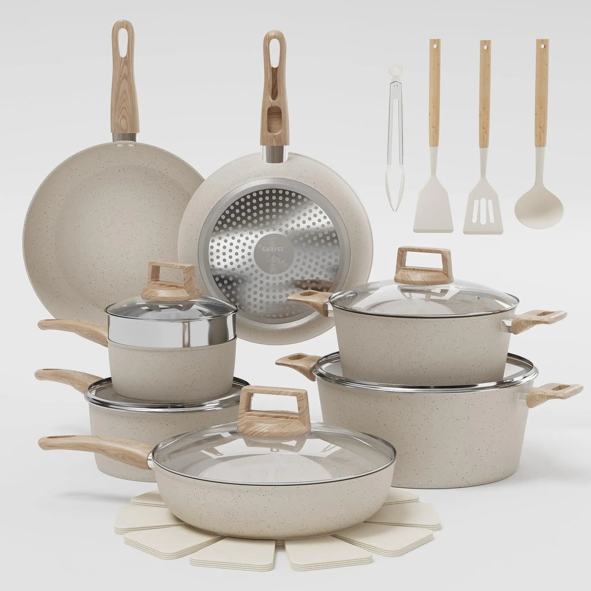 Nonstick Aluminum Cookware Set With Induction Compatibility And Accessories