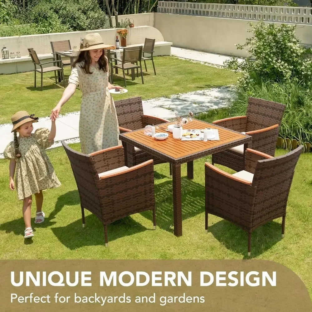 Acacia Wood Top Patio Conversation Set With Rattan Table And Chairs