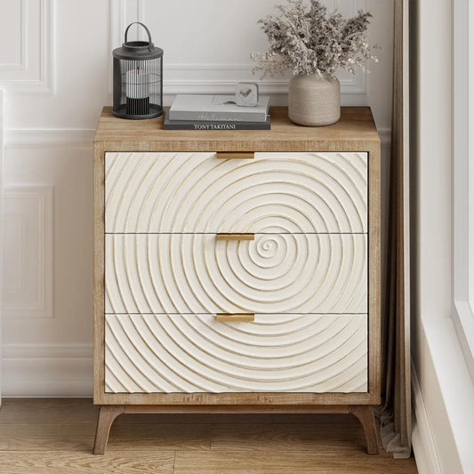 Chengwei Farmhouse 3 Drawer Nightstand With Wood Ring Motif