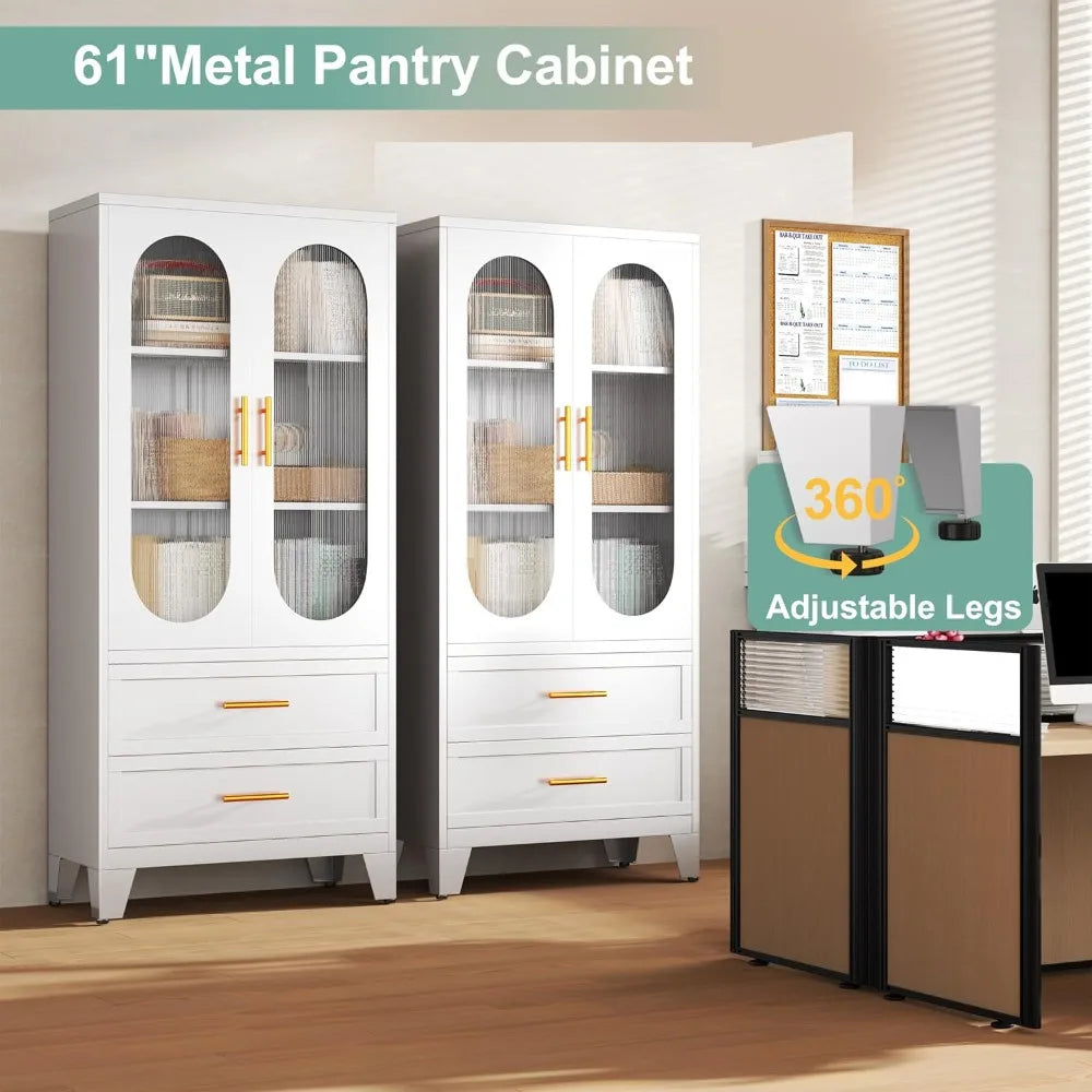 61" Tall Kitchen Pantry Storage Cabinet, White Metal Storage Cabinet with Adjustable Shelves & Glass Doors & Drawers, Food Pantr