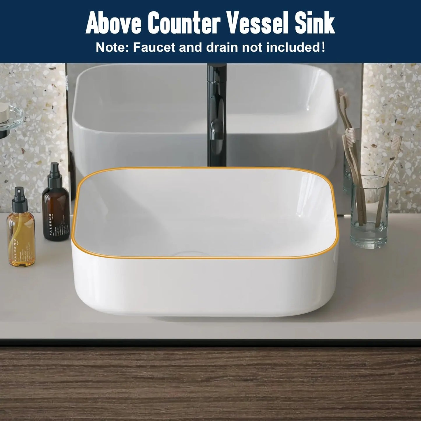 Capacity Gold Rim Rectangular Ceramic Vessel Sink Above Counter Bathroom