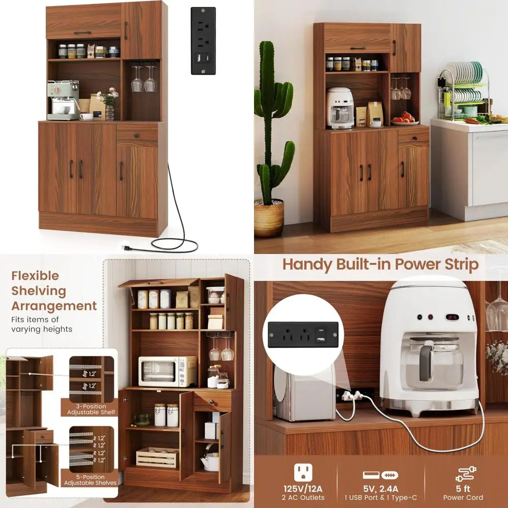 Kitchen Pantry Cabinet 66" with Charging Station, Tall Buffet Hutch Cabinet with Microwave Stand, Storage Drawers, Adjustable Sh