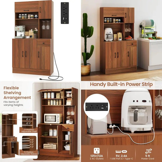 Kitchen Pantry Cabinet 66" with Charging Station, Tall Buffet Hutch Cabinet with Microwave Stand, Storage Drawers, Adjustable Sh