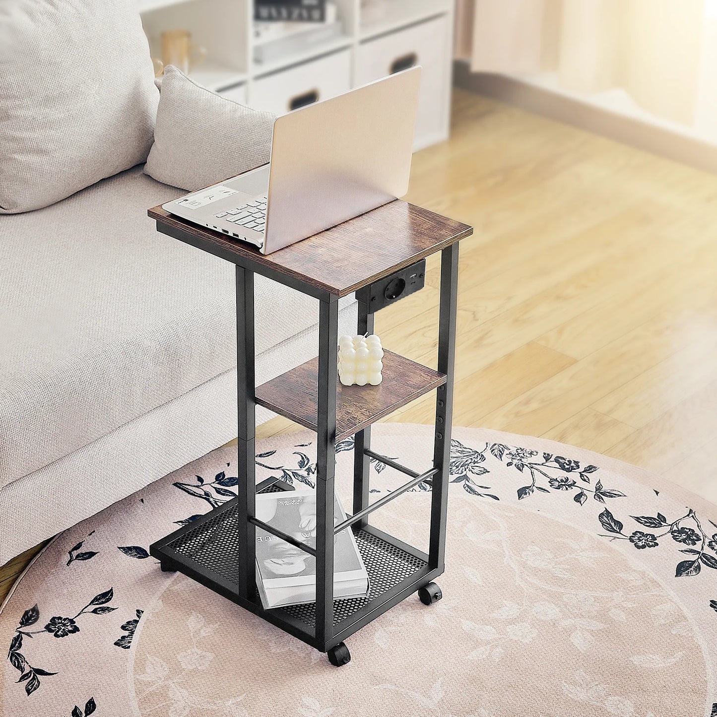C Shaped End Table With Charging Station And Rolling Wheels