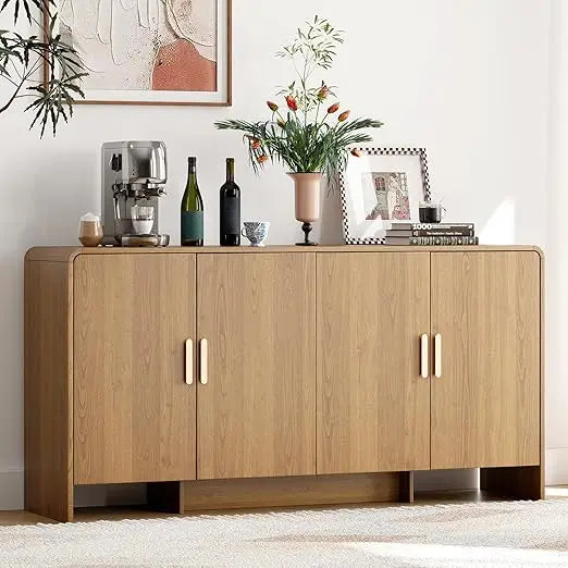 60" Sideboard Buffet Cabinet with Storage, Curved Design Farmhouse Coffee Bar Cabinet with 4 Doors & Adjustable Shelves