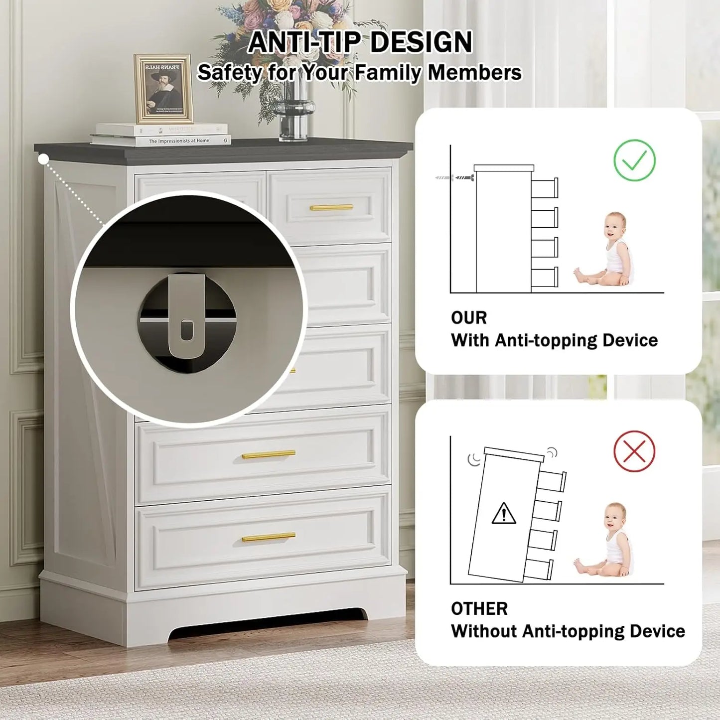 Hign-concerned Chemical White Six Drawer Dresser Farmhouse