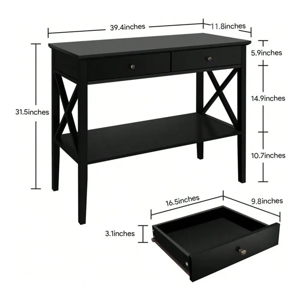 Narrow Wood Console Table With Drawers And Entryway Storage Shelf