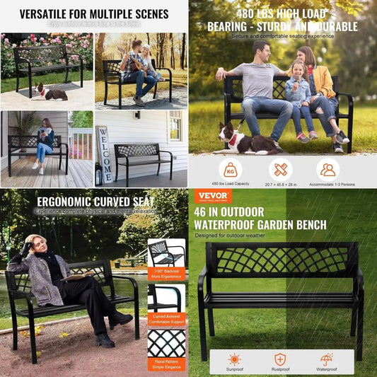 Metal Outdoor Iron Garden Bench With Mesh Backrest And Armrests