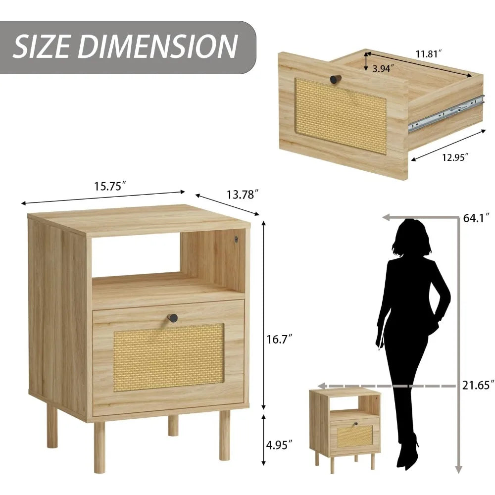 MKDK Rattan Nightstand With Storage Drawer Open Shelf