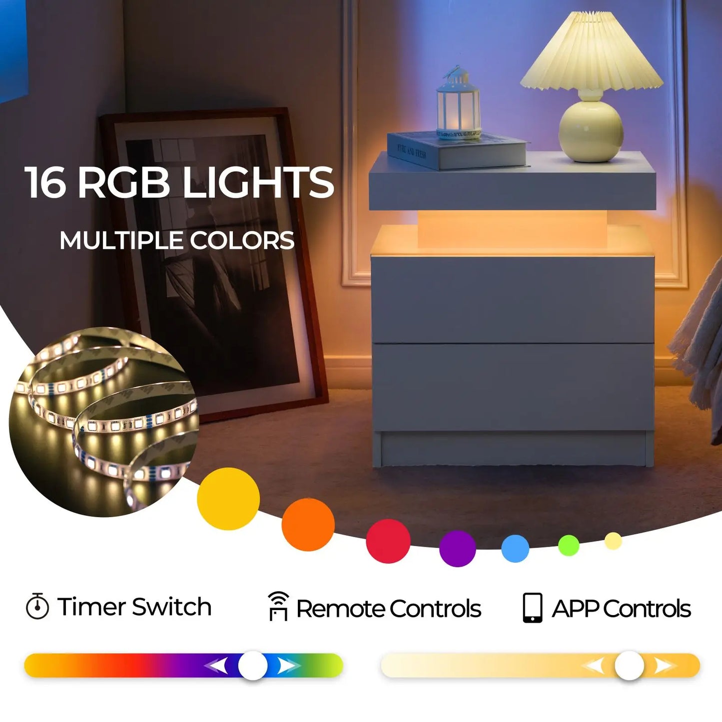 Cubehom Two Piece Nightstands Set With LED Drawers