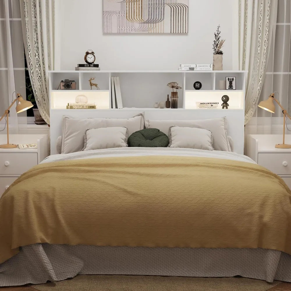 Queen/Full Size Headboard Only for Bedroom, Wood Bookcase Headboard with Charging Station & 2 LED Lights, Stylish Queen Headboar