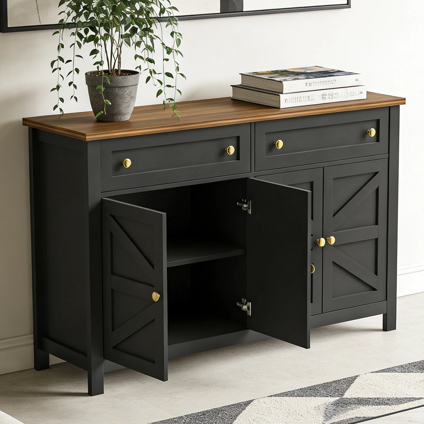 Modern Farmhouse Dining Sideboard Buffet Cabinet With 2 Drawers 4 Doors