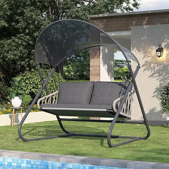 MKDK Double Seat Outdoor Swing Canopy Cushioned Bench