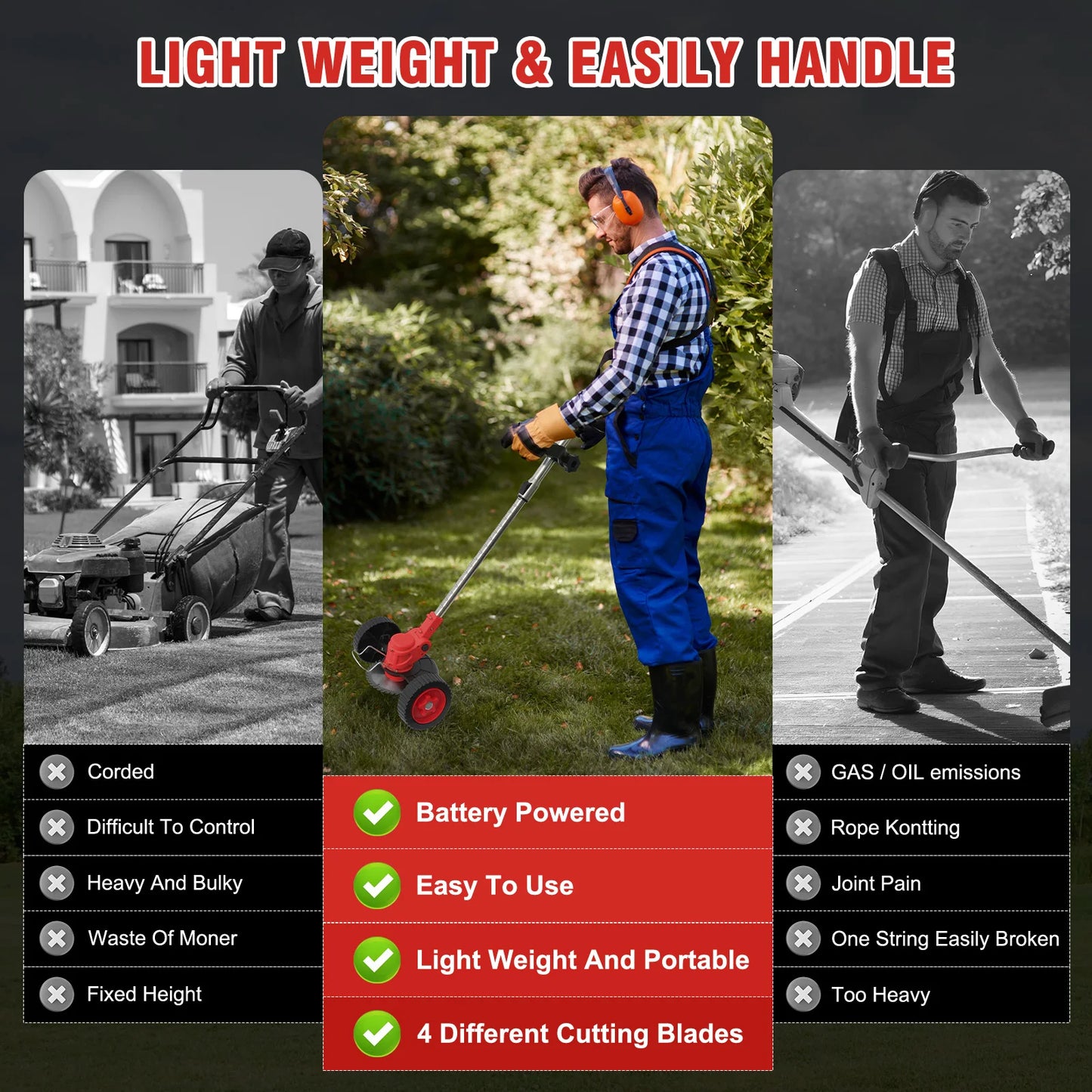 21V Cordless 3-In-1 Folding Lawn Mower Trimmer With 2x2.0Ah Batteries