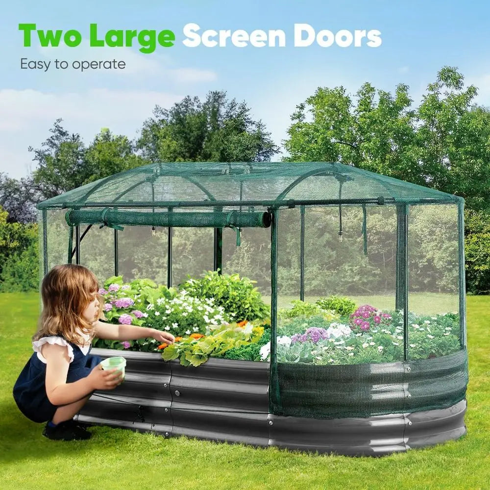 Oval Galvanized Metal Garden Bed With Auto Watering Mesh Cover For Vegetables