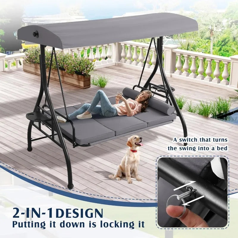 Outdoor Porch Swing with Canopy and Stand, 3 Person Patio Swing for Adults, Convertible 2 in 1 Porch Bed Swing with Cup