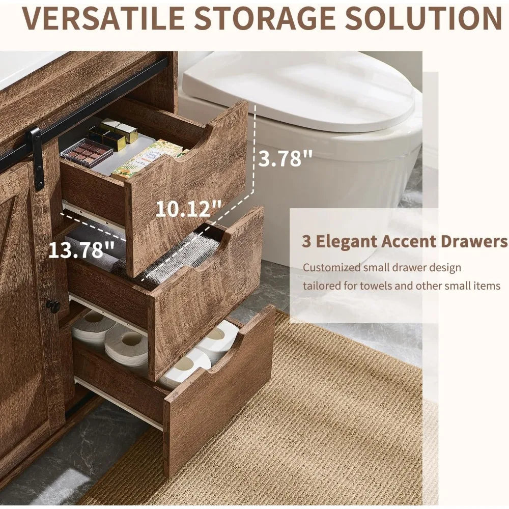 30" Farmhouse Vanity with Sink, 33.7" Tall with Sliding Barn Door, Wooden Floor Standing Cabinet w/3 Drawers & Adjustable Shelve
