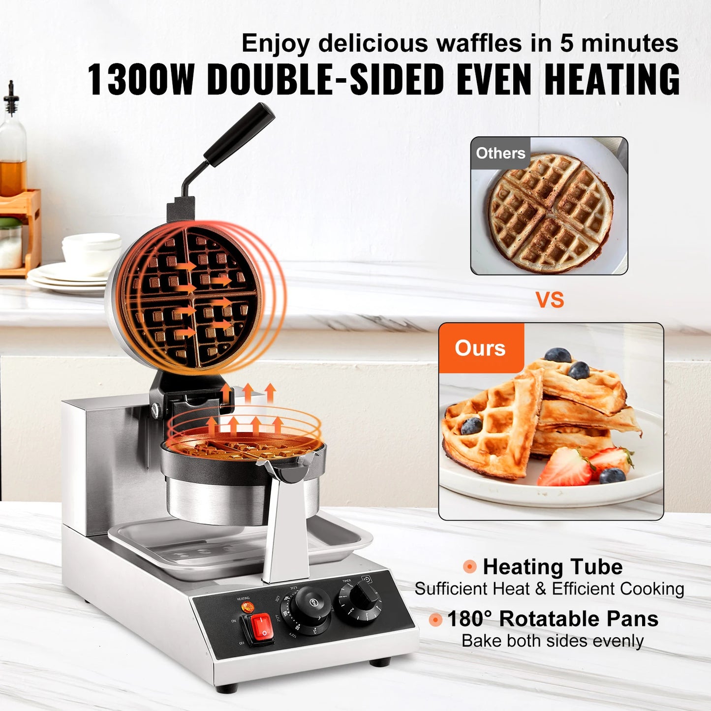 VEVOR Electric Waffle Maker Nonstick Round Stainless Steel
