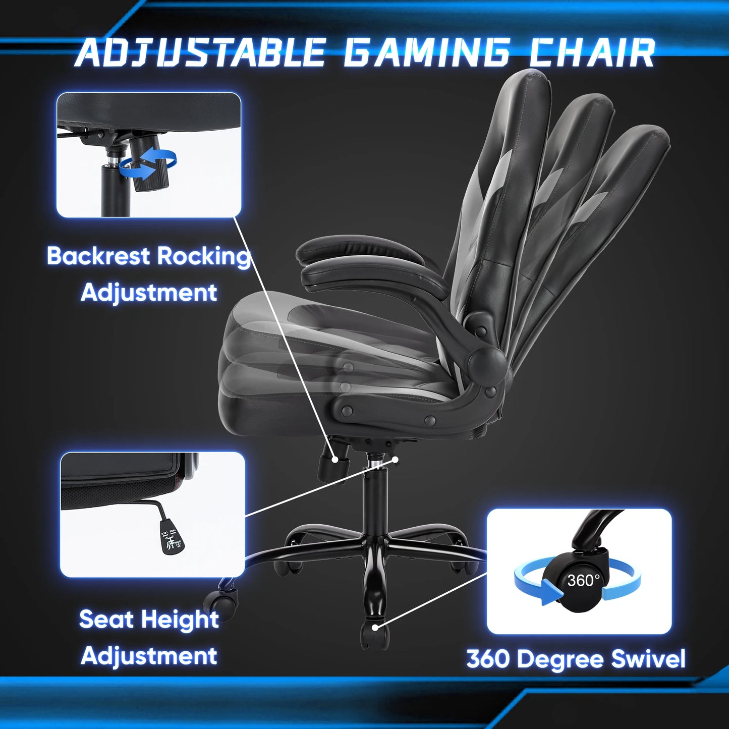 JHK Ergonomic Gaming Office Chair With Adjustable PU Leather Armrests