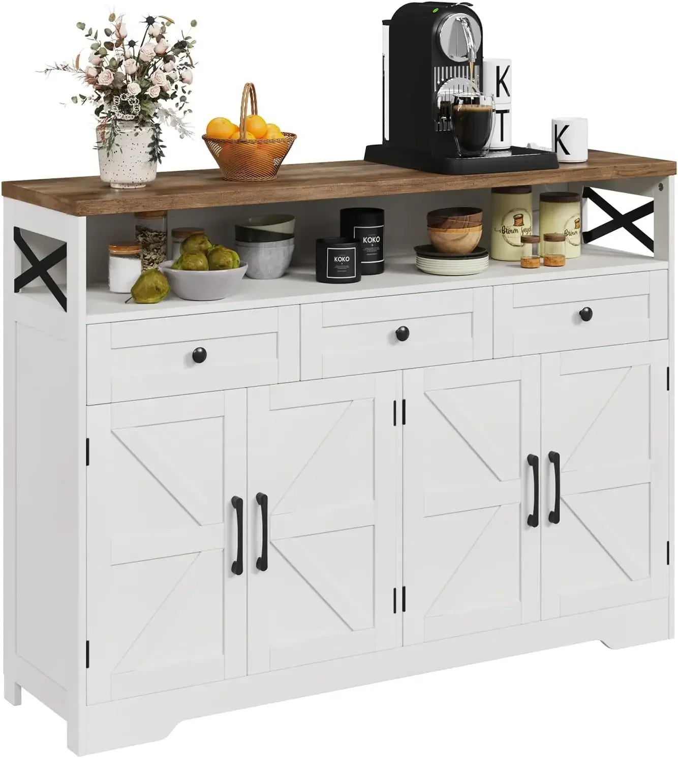 XMSJ Farmhouse Buffet Cabinet With Drawers And Open Shelf