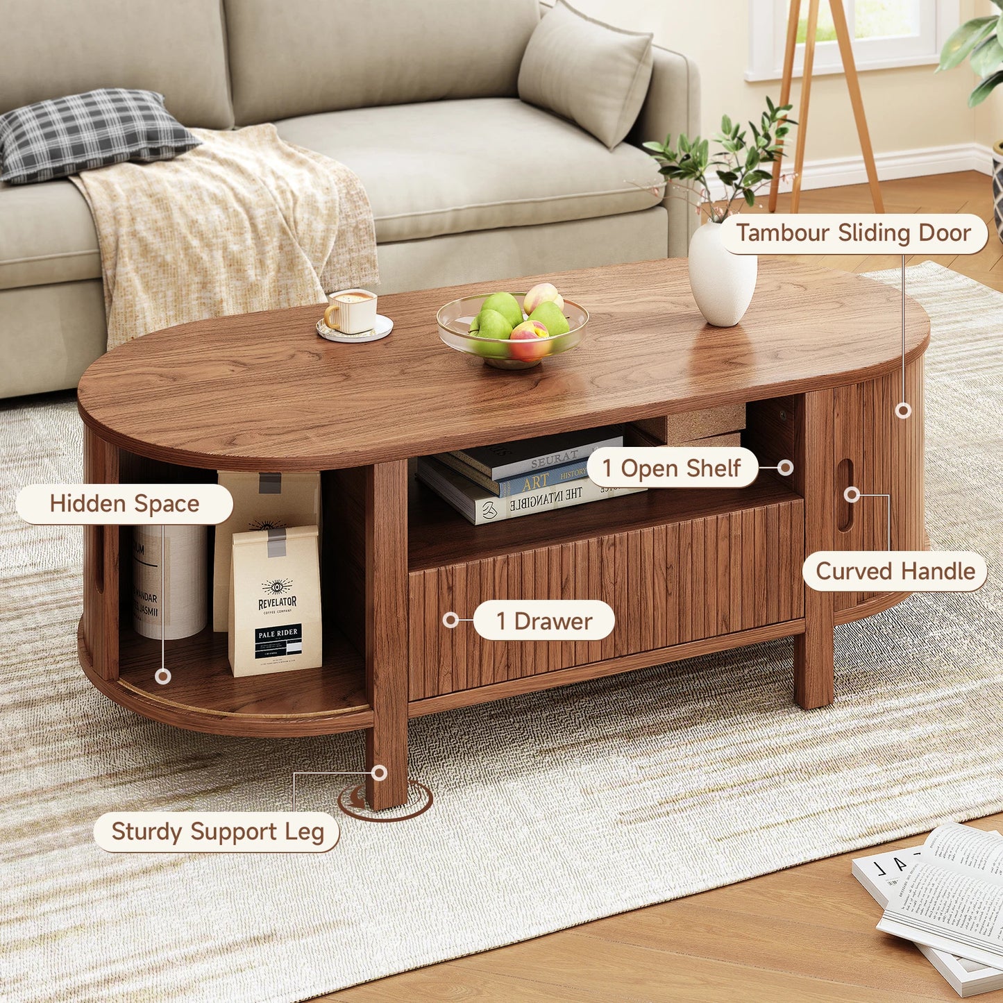 Oval Coffee Table With Cabinets And Sliding Doors Mid Century