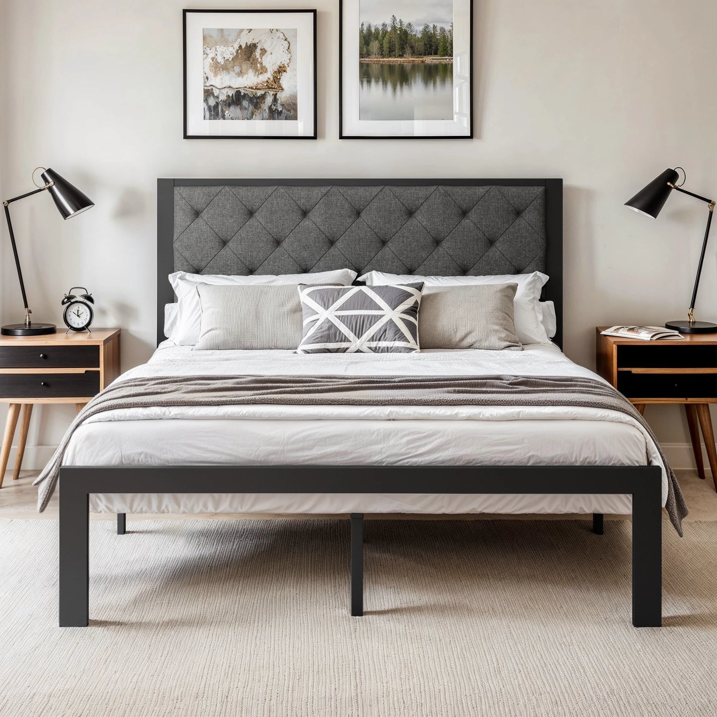 HOOMIC Metal Bed Frame With Upholstered Headboard In Linen Fabric Sturdy Foundation No Box Spring Needed