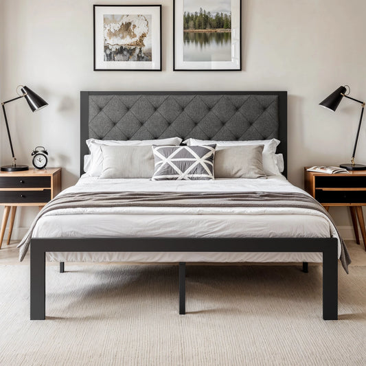 HOOMIC Metal Bed Frame With Upholstered Headboard In Linen Fabric Sturdy Foundation No Box Spring Needed