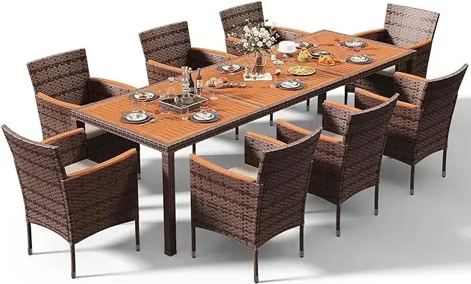 Acacia Wood Top Patio Conversation Set With Rattan Table And Chairs