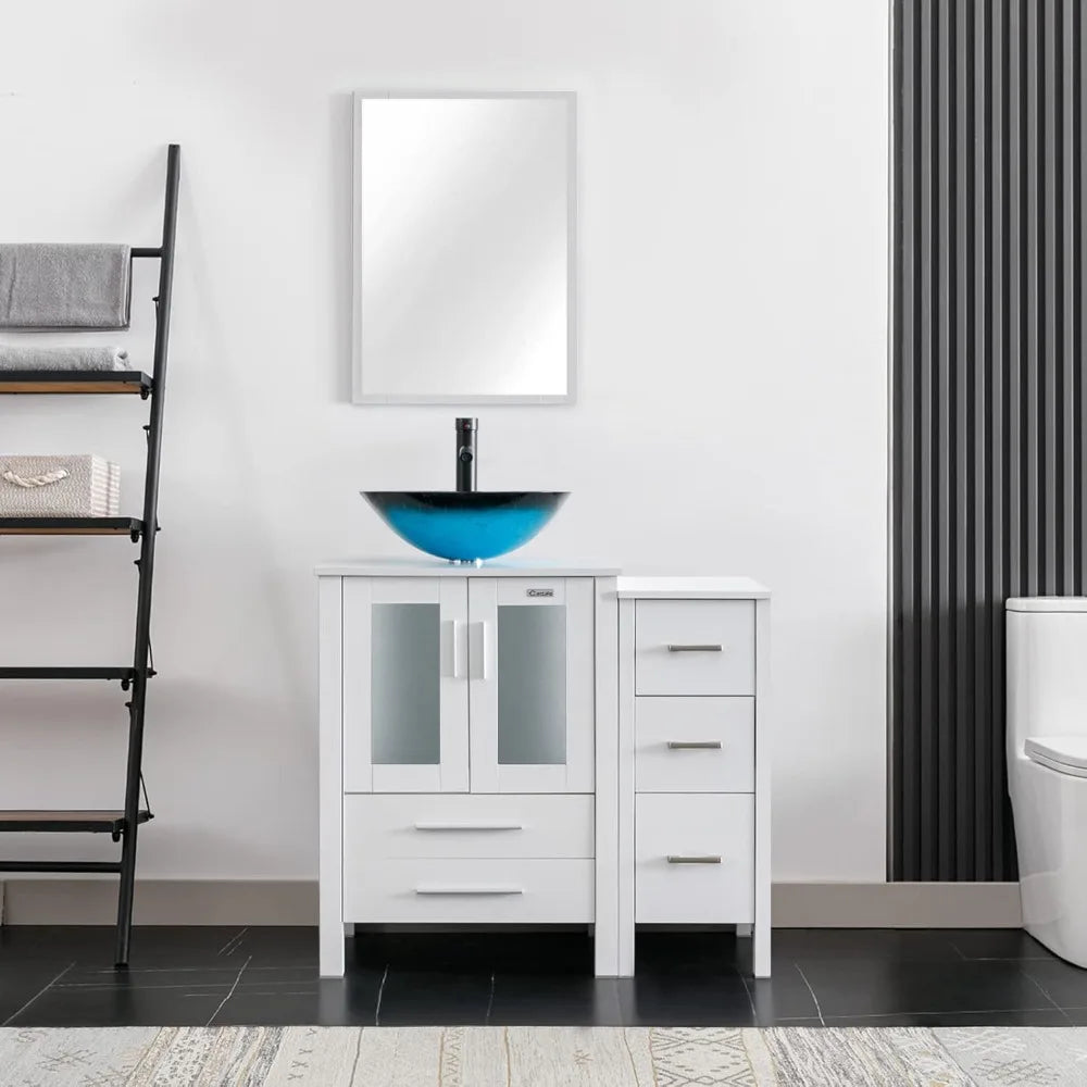 36" Modern Bathroom Vanity Sink Combo White W/Small Side Cabinet Turquoise Square Glass Vessel Sink & Water Save Faucet & Pop U