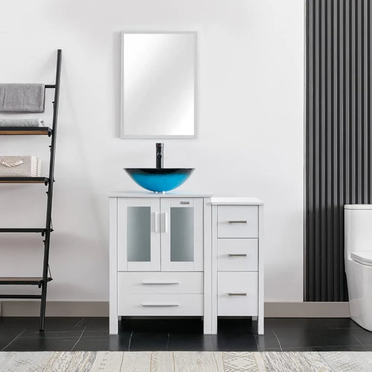 36" Modern Bathroom Vanity Sink Combo White W/Small Side Cabinet Turquoise Square Glass Vessel Sink & Water Save Faucet & Pop U