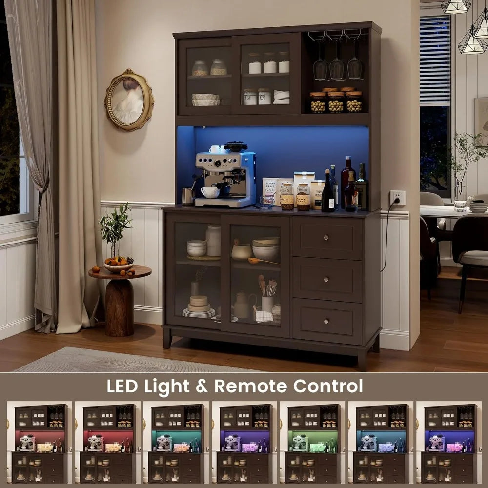 73” Kitchen Pantry Storage Cabinet, Buffet Hutch w/Power Outlets & Led Lights, Tall Cupboard w/Wine Glass Racks, Adjustable Shel