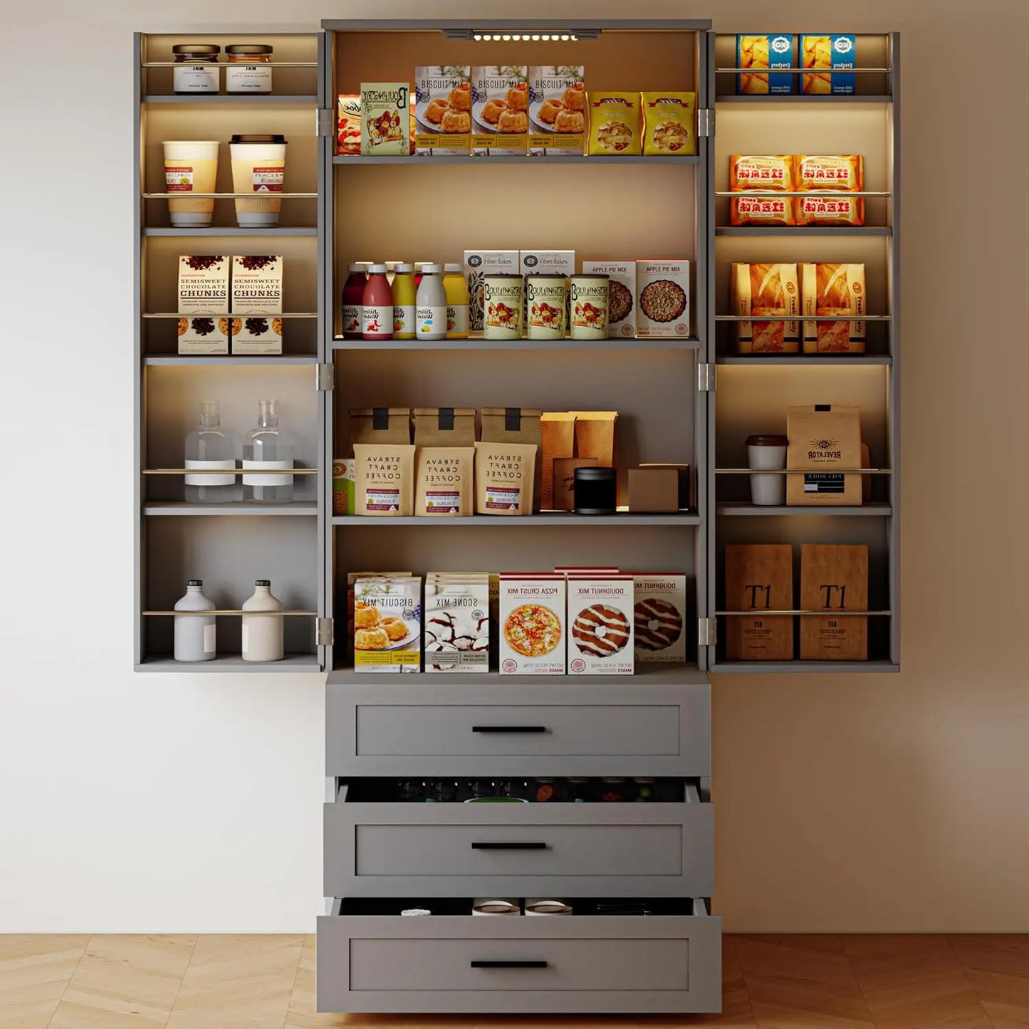 Chengwei Farmhouse Pantry Cabinet With Barn Doors Three Drawers
