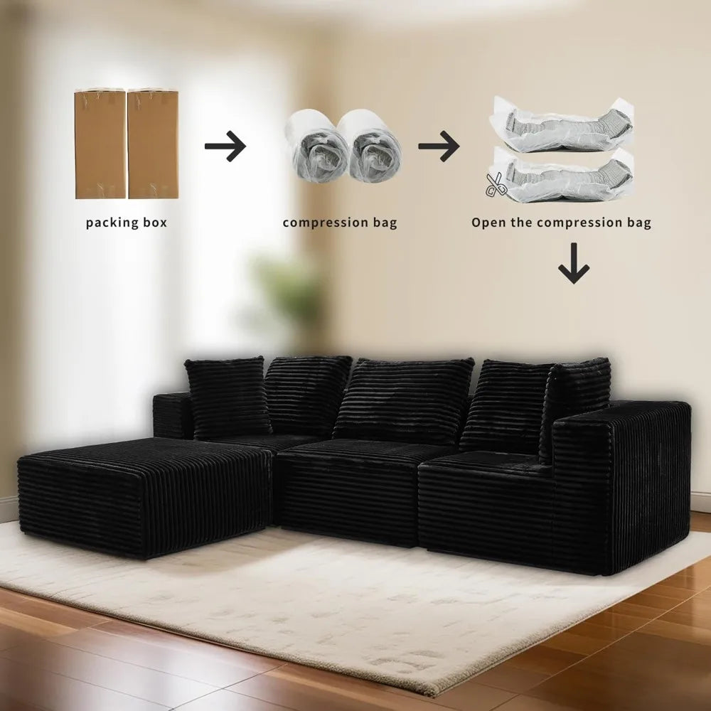 106" Black Cloud Sofa with L-Shaped Chaise Longue, Modern Modular couches with Deep Seats, Fluffy couches for Living Room