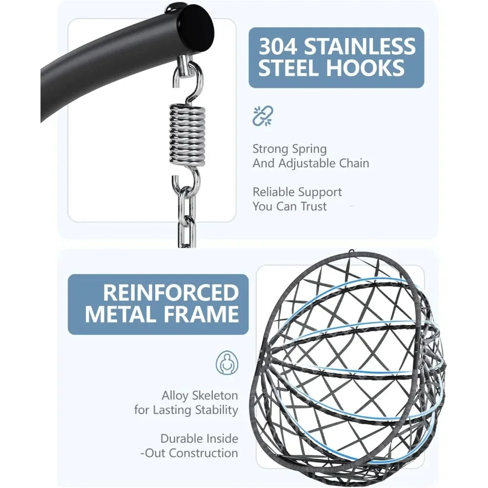 Hanging Egg Chair with Stand, Outdoor & Indoor Wicker Egg Swing Chair with Cushion, 400LBS Capacity for Patio, Bedroom & Garden