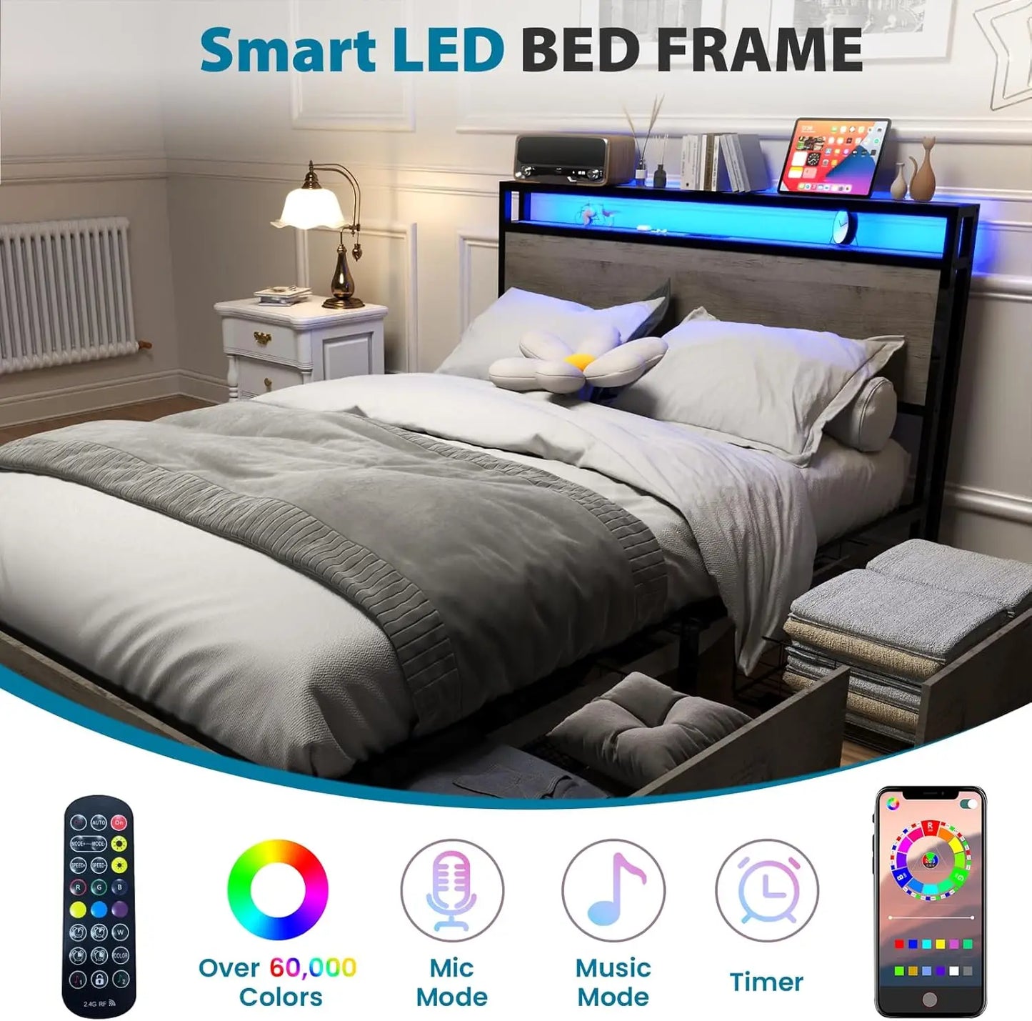 Hign-concerned LED Bed Frame With Headboard And Storage