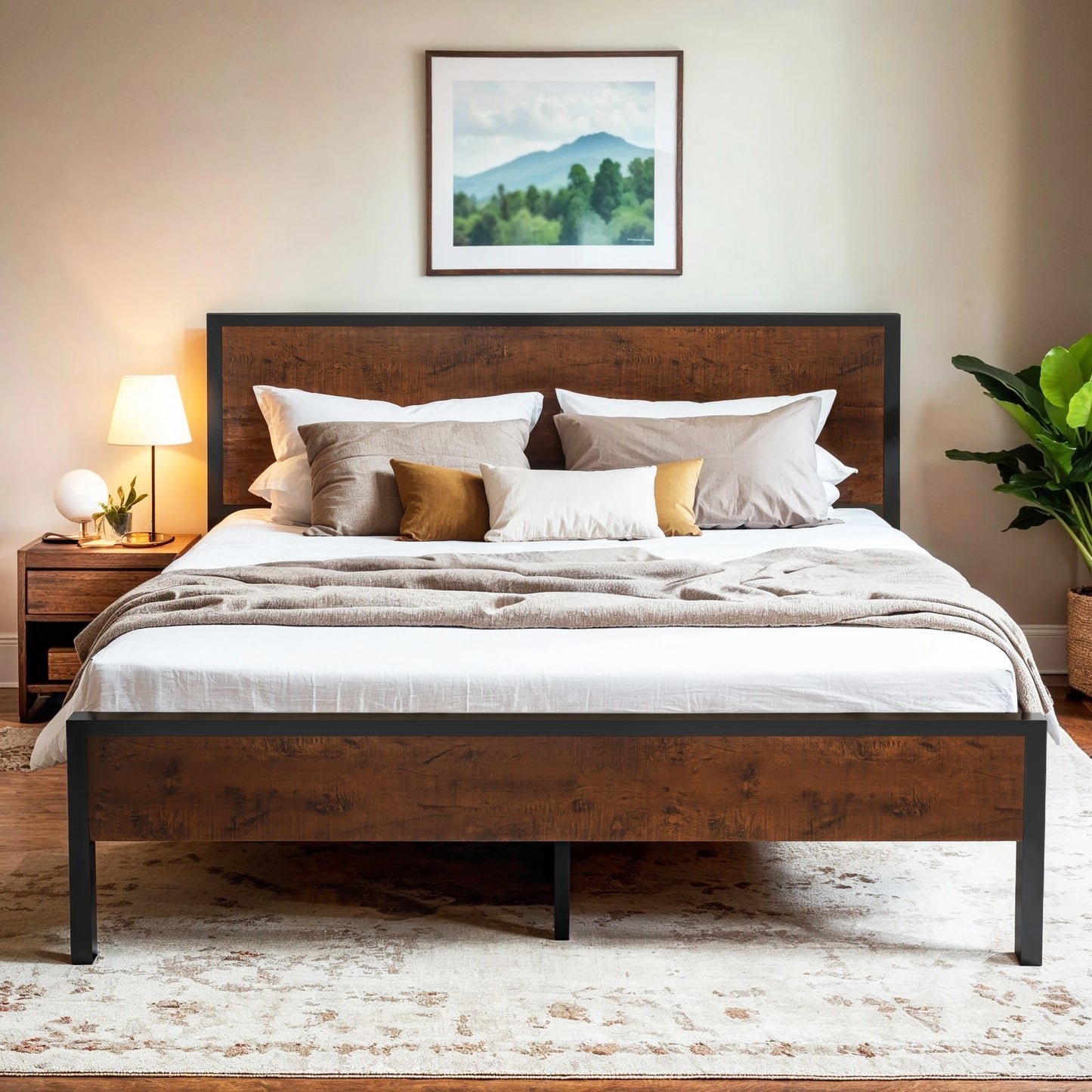 HOOMIC Bed Frame With Wooden Headboard And Metal Platform
